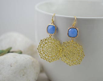 Light Blue Gold Earrings, Blue Glass Earrings, Bridesmaids Earrings, Gold Filigree Earrings, Long Dangle Chandelier Earrings, Gold Jewellery