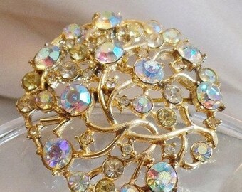 BIG SALE Vintage AB Rhinestone Brooch. 1950s Round Gold Ab Rhinestone Cluster Pin. Aurora Borealis.
