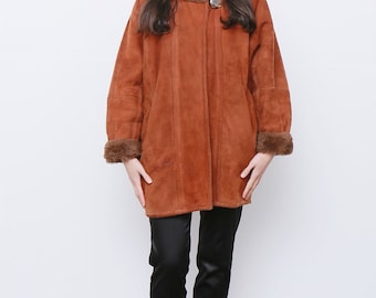 Vintage 1980's Oversized Shearling Sheepskin Aviator Rust Orange Brown Swing Coat