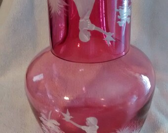 Fenton Mary Gregory Cranberry tumble up water carafe Girl with Bird