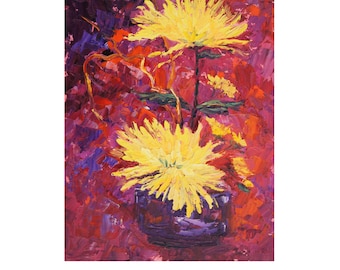 Original Impressionist Floral Oil painting, Ikebana 3 - Yellow Chrysanthemums oil palette knife painting in oil ca.7x10, abstract background