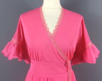 Vintage 70s Pink Nylon Lace Long Wrap Angel Sleeve Maxi Robe Nightie 10