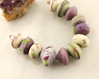 Lampwork Beads Set Organic, Etched Matte Glass, Rustic, Purple, Lavender, Green, Ivory