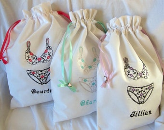 Embroidered Personalized French Lingerie Travel Laundry Bag for Wedding Shower Gifts, Bridesmaid Party Gifts