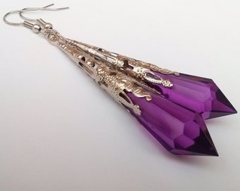 Gothic Earrings, Purple Teardrop Earrings , Silver Earrings , Purple Earrings , Victorian , Handmade Jewelry , Goth Statement Earrings