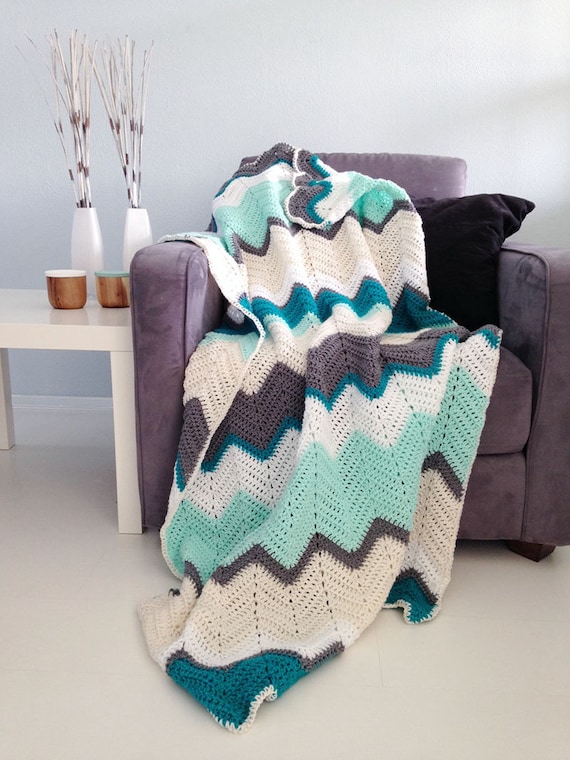 to afghan crochet zag how zig Teal made crochet Chevron blanket & afghan throw mint