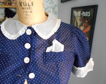 Cute 1930's Navy Blue Dotted Swiss Blouse
