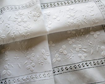 Antique Irish Linen Cloth - Beautiful Hand Worked Whitework Embroidery with Shamrocks Drawn Thread Inner Border