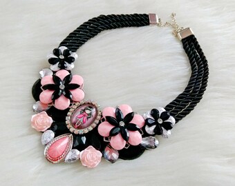 Gorjuss bib statement necklace, elegant, flower necklaces, Spring summer necklace, Gift for her, bridesmaid necklace, gemstones, dolls