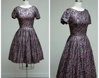 Vintage 1950s Dress • Metallic Moments • Silver Lurex and Pink Jacquard 50s Party Dress Size XSmall