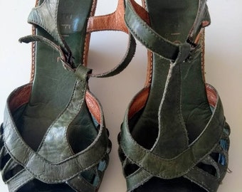 Vintage Green leather wedge sandals.