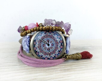 Mandala watch Bohemian watch Kaleidoscope Boho Watch Hippie wrist watch Tribal watch for woman Ethnic accesories Gift for friend birthday