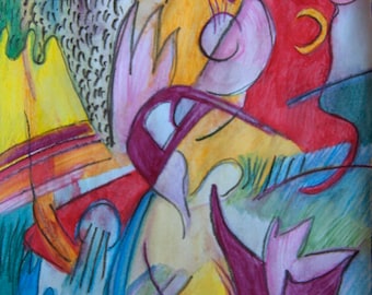 Abstract, original watercolor on paper, calid colors