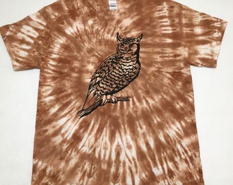 Hand Tie Dyed Brown L T Shirt with Printed Owl Ready To Ship Large Dye Shirt #12292