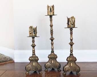 Set of 3 Gold Leaf Farmhouse Candlestick Holders