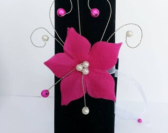 silver wedding bracelet and fuschia pink silk satin flower