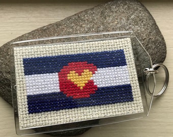 Colorado Love Keychain Colorado Flag with Heart center, Completed Cross stitch mirror design on reverse keyring fun cute gift