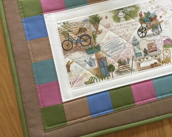 Fabric table runner, modern table runner, quilted table topper, patchwork table topper, table centrepiece, housewarming gift, gardening gift