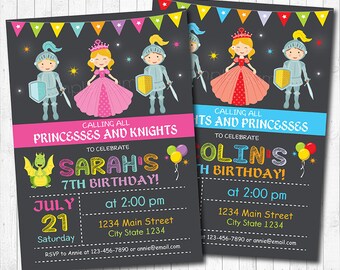 Princess And Knight Birthday Invitation, Princess Invite, Knight Invitation, Dragon Invitation, Chalkboard, printable
