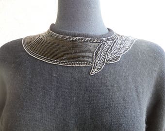 Black Sweater With Beaded Leaf Design