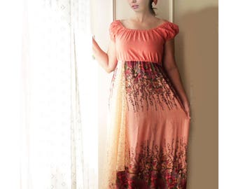 Off shoulder Peasant dress, peach, matching scarf, FREE SHIPPING, large, artsy, gypsy dress, festival, hippie, boho, maxi dress, turban