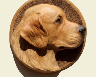 Hand painted Golden Retriever dog PERITAS wall sculpture statue fine art relief