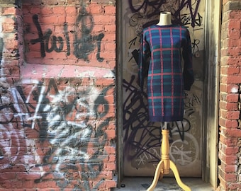 Vintage 1990s Navy Blue Plaid Sweater Knit Dress (Size Small)