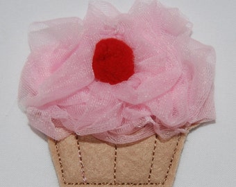 Wool Felt Fluffy Cherry Cupcake Clip by Chic Baby Rose