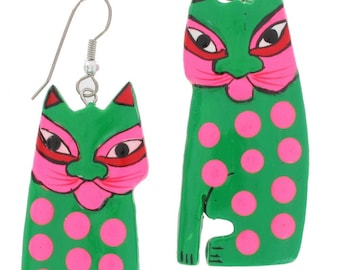 Green Cat Neon Pierced Dangle Earrings Spots Hand Painted Wood 1980S Vintage