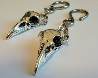 SILVER RAVENS Pewter Gothic Pagan Raven Crow Bird Skull Earrings Ear Weights Ear Hangers w/ Shepherd Hooks for Stretched Lobes 00g 0g 2g 4g
