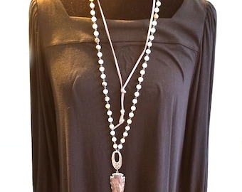 Amazonite beaded rosary chain with arrowheads pendant and leather cording layered necklace, statement necklace