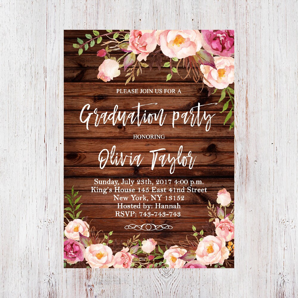 Floral Graduation Party Invitation TemplateRustic Wood Pastel