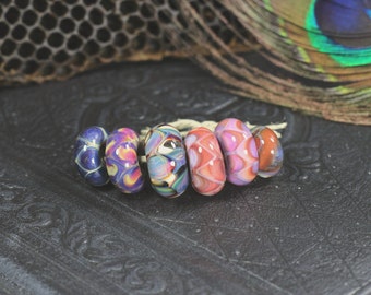 Blown glass, borosilicate, glass, focal, artisan, beads, handmade, lampworked, jewelry supplies, set of 6, bead set, ready to ship.