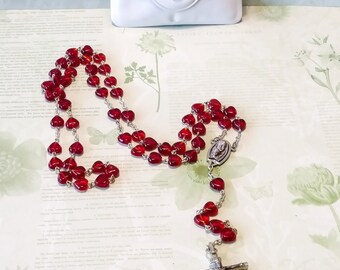 Vintage 5 Decade Glass Heart Bead Rosary/vintage rosary/rosary beads/prayer beads/five decade rosary/cross/cross necklace/crucifix/catholic