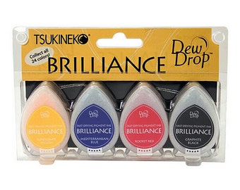 Brilliance Ink Pads, Dew Drop Set 4, Small Pads, Basic Colors, Blue Red Yellow Black, Pigment Inks
