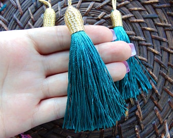 Gold Top Teal Silk Tassel, 4" inches | Bohemian Style Tassel | Thread String Luxe Tassel | Mala Pendant Jewelry Making Tassel | #TLT-001