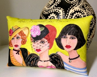 WOMEN OF PARIS pillow, hand painted, Paris, Edith Piaf, mustard, French women, rhinestones, Paris women, Francophone gift, gift for her