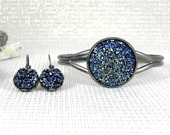 Metallic Blue Druzy Jewelry Set - Druzy - Bridesmaid Gift - Druzy Bracelet - Druzy Earrings - Cuff Bracelet - Metallic Blue - Druzy Jewelry