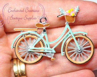 2" Bicycle Charm, Mint Green Bike, Flower Basket, Purse Charm, Chunky Pendant, Keychain, Bookmark, Zipper Pull Chunky Jewelry, Aqua Bike