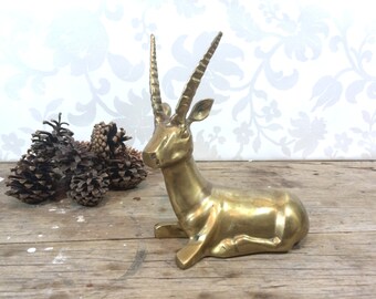 Brass Gazelle Figure, Ibex, Golden Figurines mid century hollywood regency
