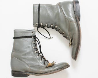 Vintage Justin Boots - Grey Leather Fringe Lace Up Hand Made Ankle Boot Sz 7 D