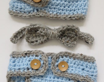 LITTLE MISTER Newsboy crochet hat, bowtie, d.cover, bringing home baby, shower gift, photo props, Preemie, Newborn up to 12 months available