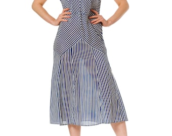 1920-30s Striped White Blue Sailor Sleeveless Dress SIZE: S, 4