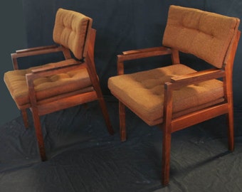 Vintage Set of Two Brown Walnut Wood Frame Tufted Arm Side Office Chairs