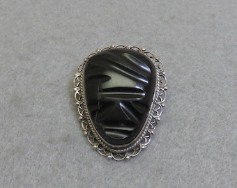 Vintage 1960s Mayan Face Brooch, Sterling Silver Carved Onyx Face Brooch