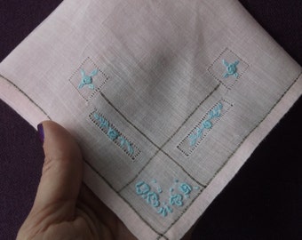 Vintage Soft Pink Cotton 1950's Hanky Handkerchief, Pink with Hand Embroidered Blue Roses, Pristine Condition