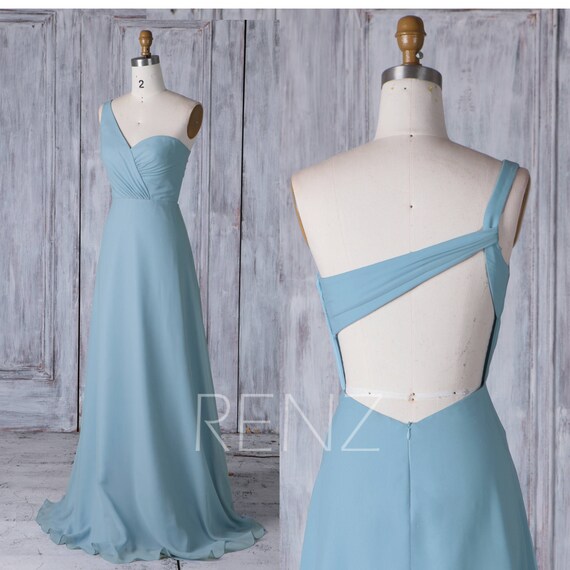  Dusty  Blue  Chiffon Bridesmaid  Dress  Long One Shoulder Wedding 