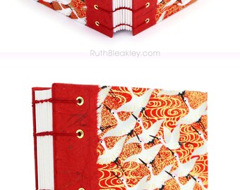 Coptic Journal - Lay Flat Journal - Unlined Journal - Red and Gold Cranes - Japanese Chiyogami Paper - 160 Pages - handmade by Ruth Bleakley