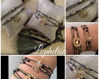 Bracelet beads hematite cord adjustable Dragonfly gold plated 3 microns