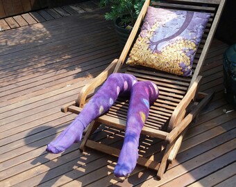 Purple tie-dye thigh high socks with rainbow polka dots